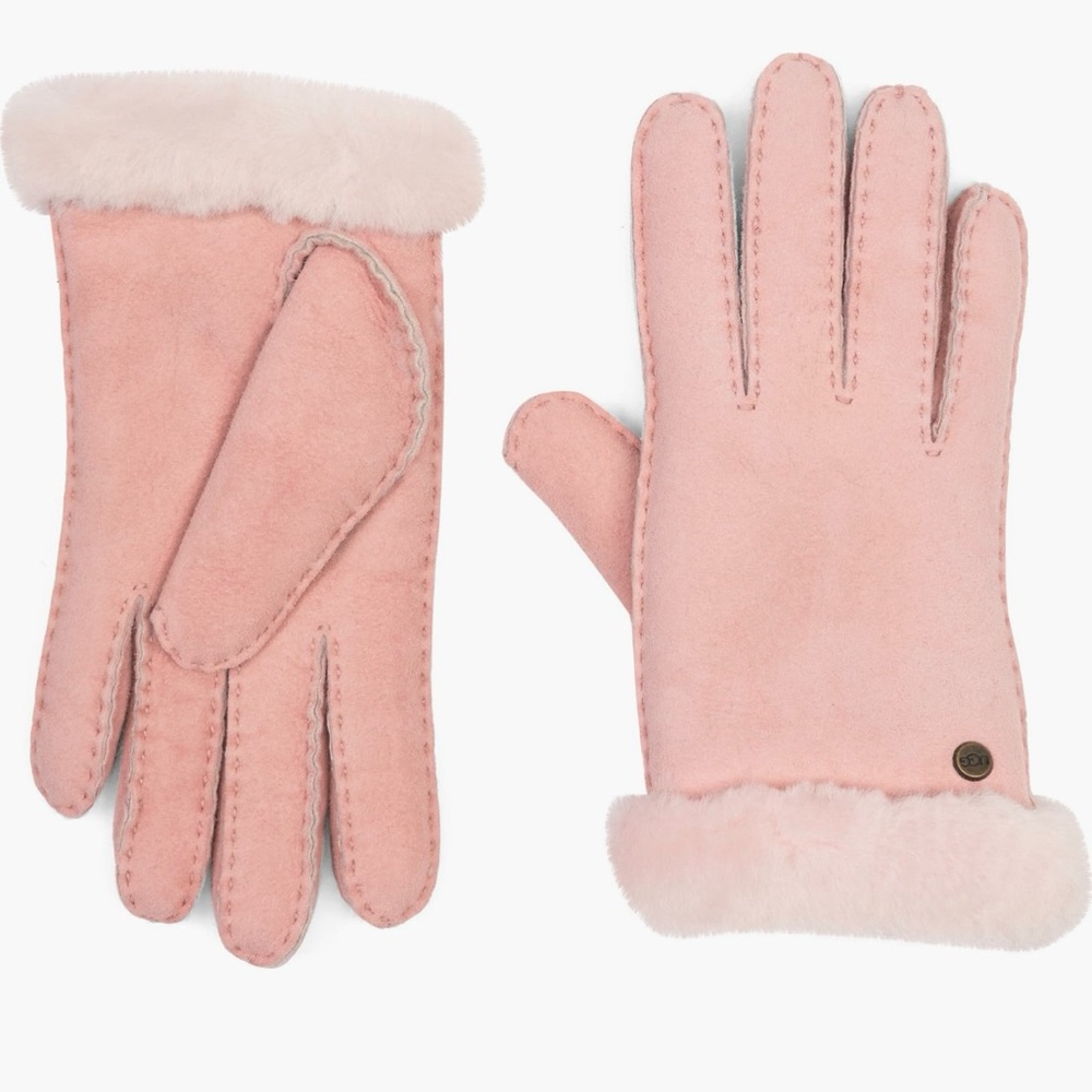 Ugg Pink Suede Shearling Slim Side Vent Gloves medium NWT